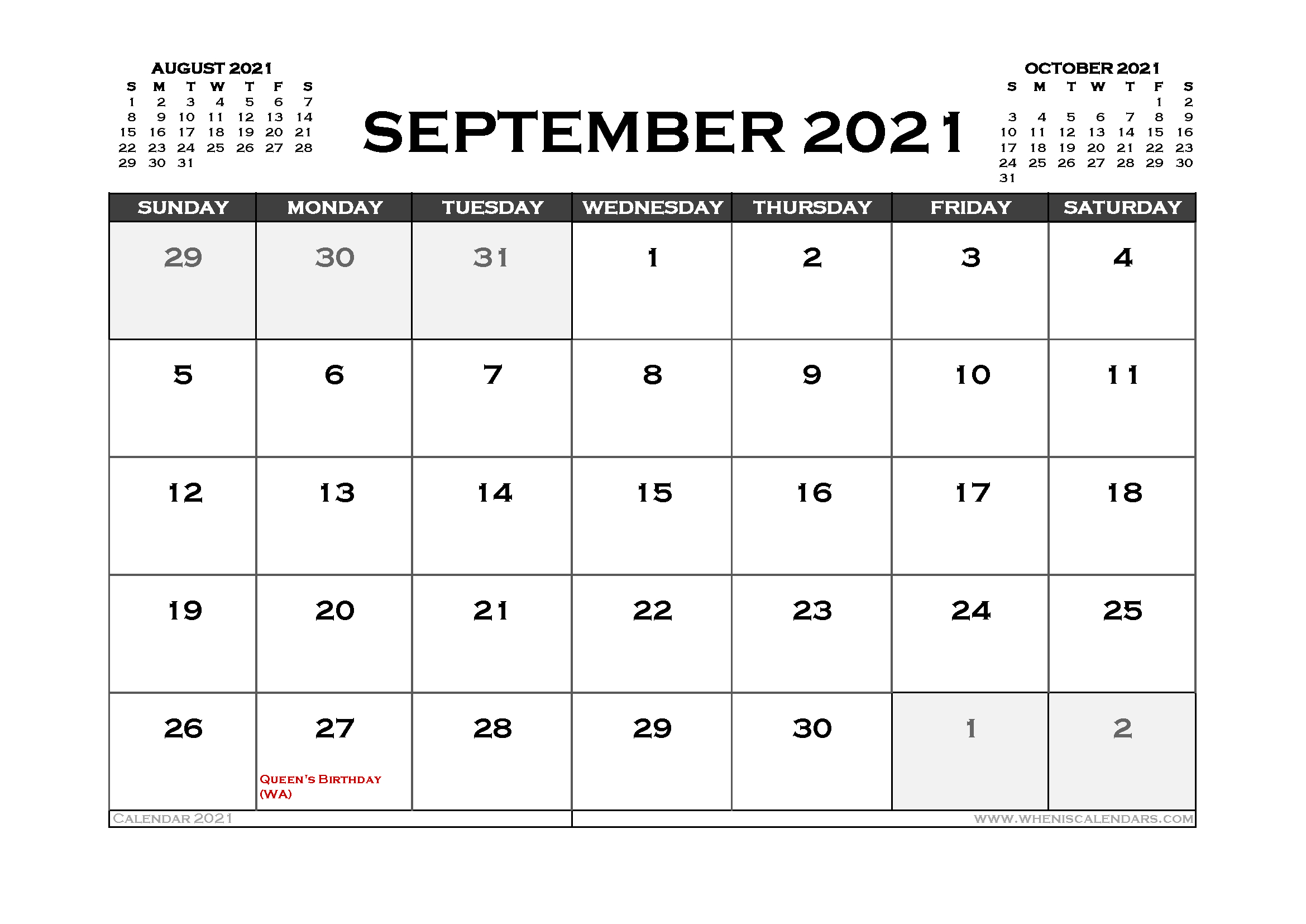 Printable September 2021 Calendar Australia