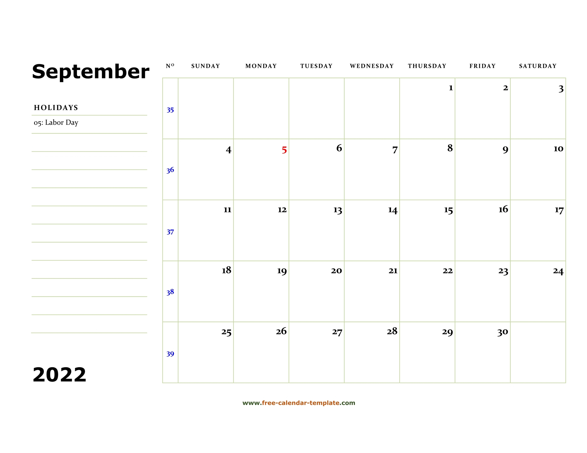 Printable September 2022 Calendar (Box And Lines For Notes) | Free-Calendar-Template