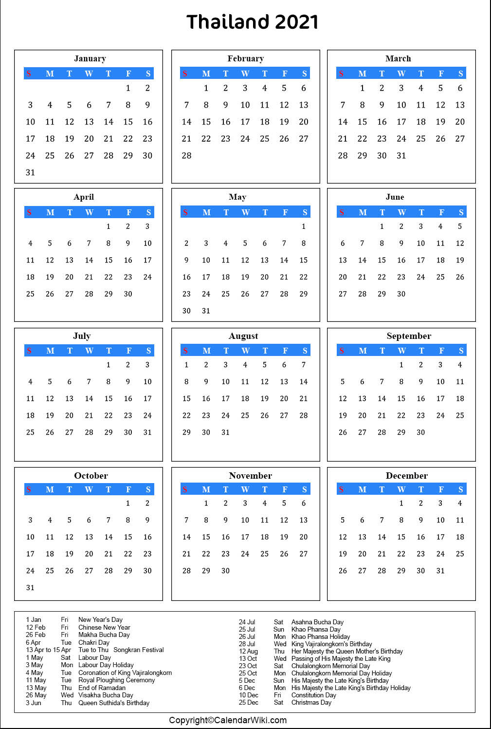 Printable Thailand Calendar 2021 With Holidays [Public