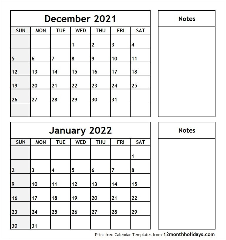 Printable Two Month Calendar December 2021 January 2022