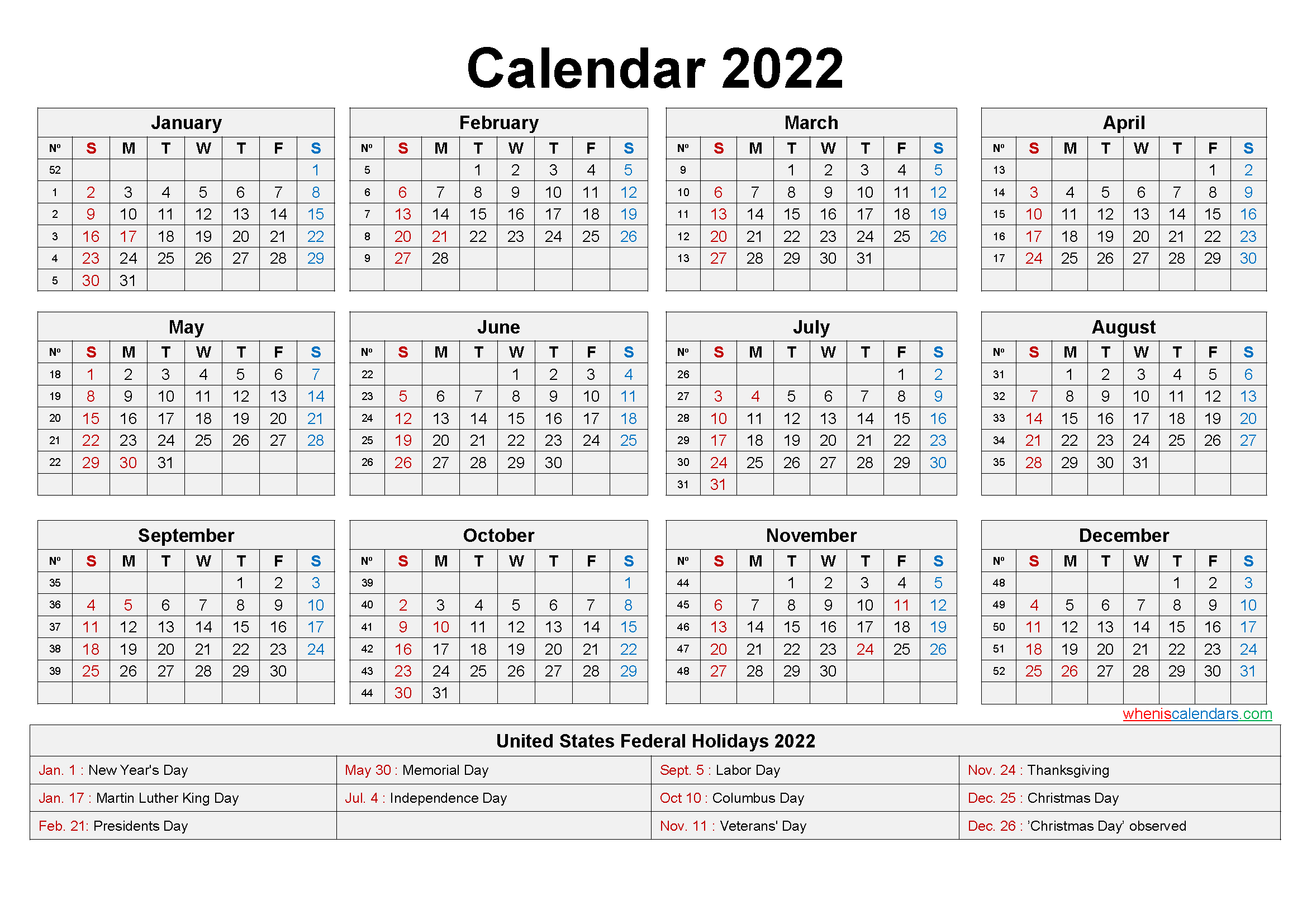 Public Holidays 2022 Calendar With Holidays Printable / 20