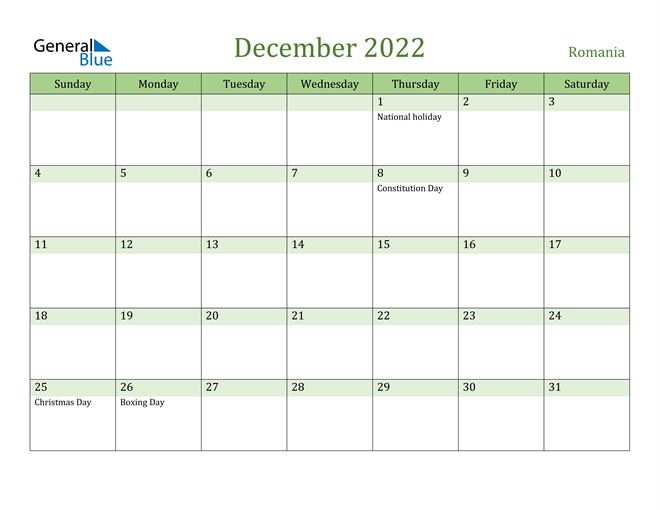 Romania December 2022 Calendar With Holidays
