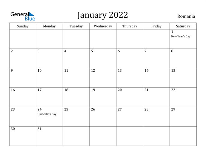 Romania January 2022 Calendar With Holidays