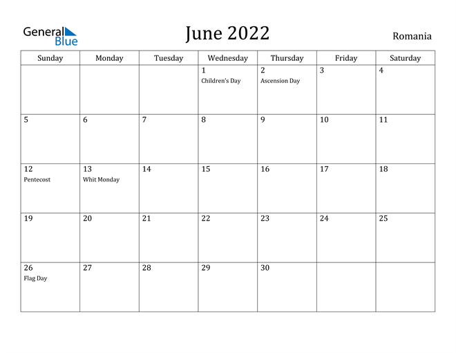 Romania June 2022 Calendar With Holidays