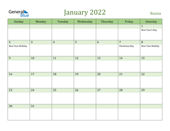 Russia January 2022 Calendar With Holidays