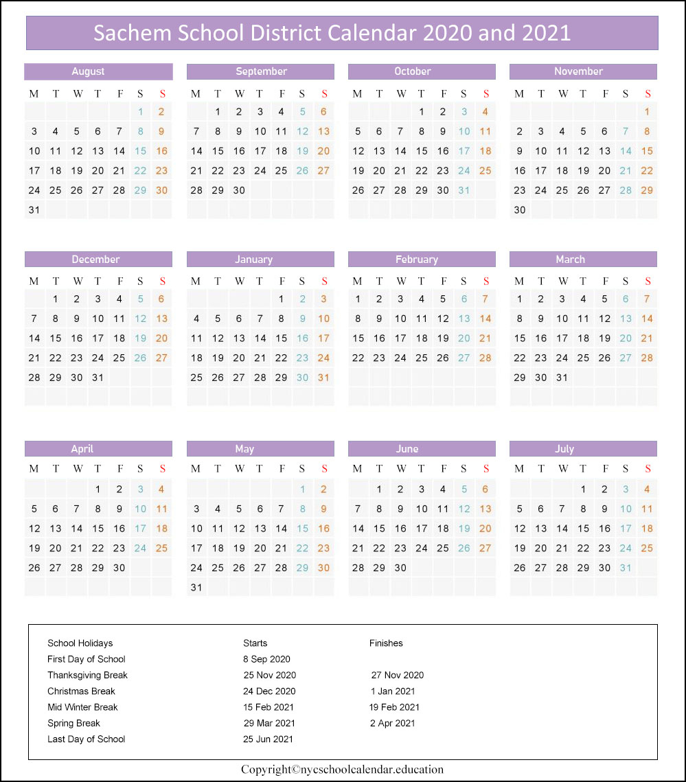 Sachem Central School District Calendar 2021-2022