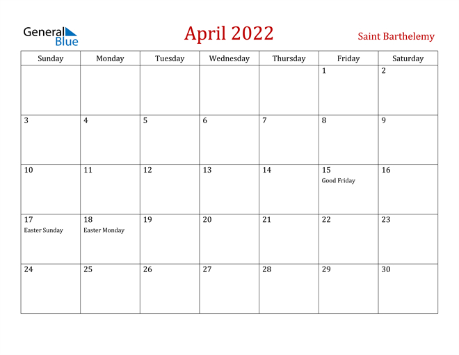 Saint Barthelemy April 2022 Calendar With Holidays