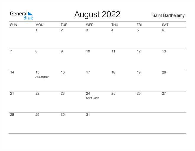 Saint Barthelemy August 2022 Calendar With Holidays