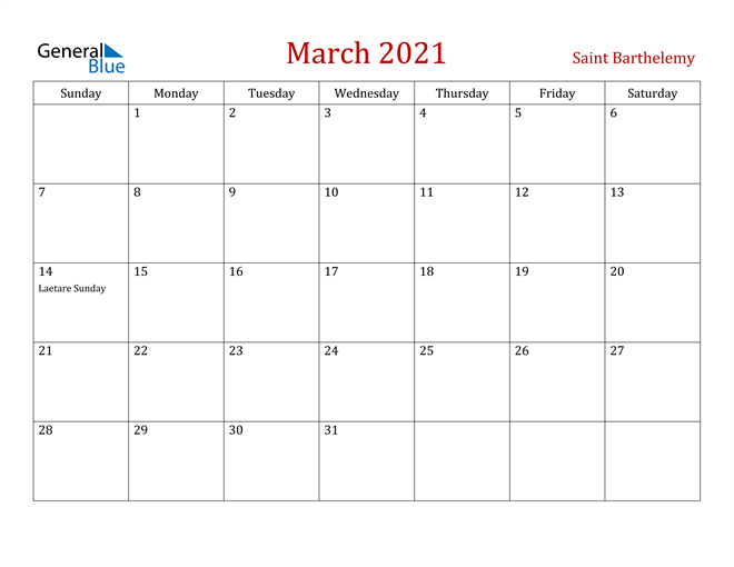 Saint Barthelemy March 2021 Calendar With Holidays