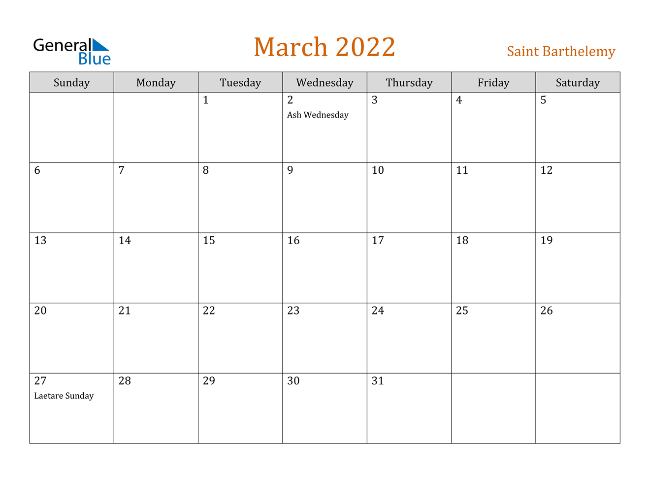 Saint Barthelemy March 2022 Calendar With Holidays