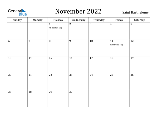 Saint Barthelemy November 2022 Calendar With Holidays