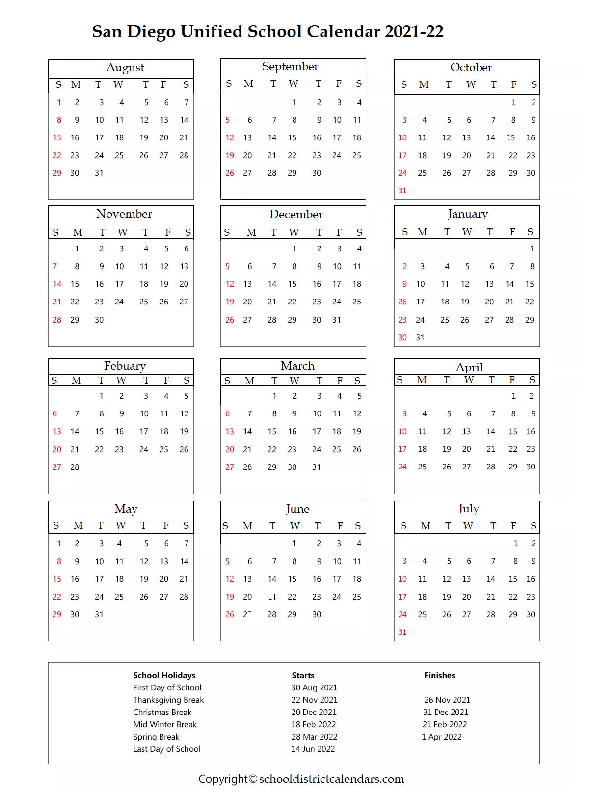 San Diego Unified Calendar 2022-15