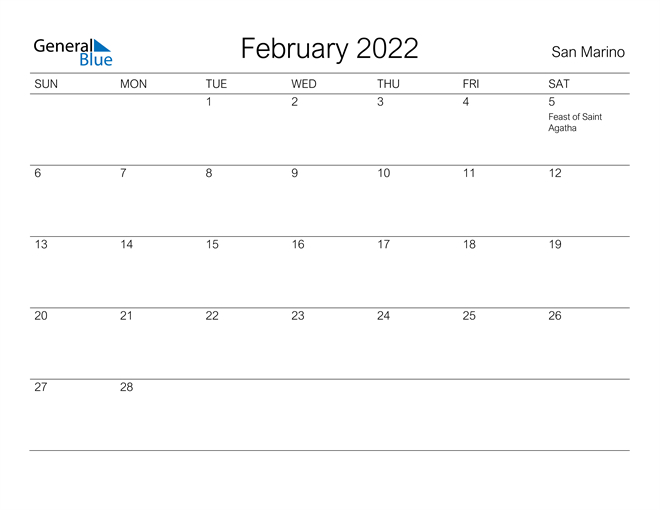 San Marino February 2022 Calendar With Holidays