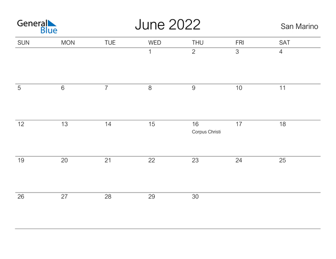 San Marino June 2022 Calendar With Holidays