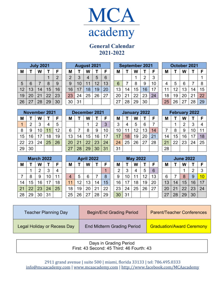 School Calendar 2021-2022 - Mca Academy