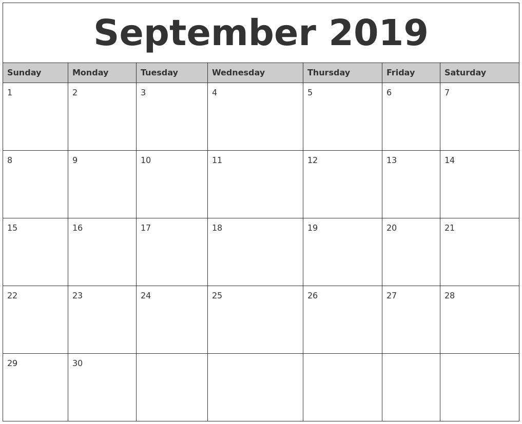 September 2019 Monthly Calendar Printable Get | Calendar