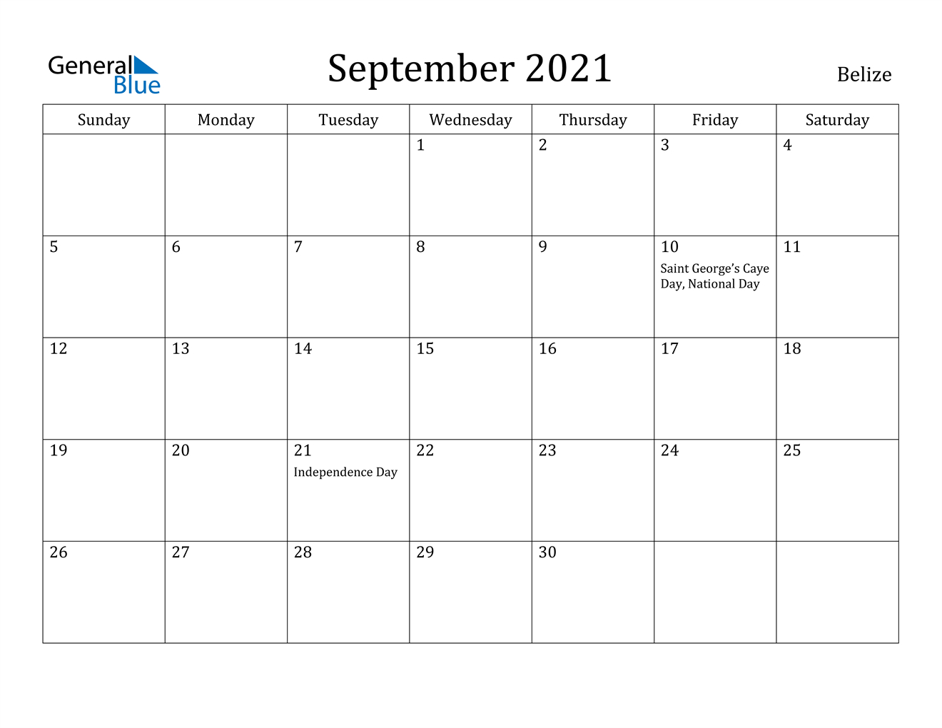 September 2021 Calendar - Belize