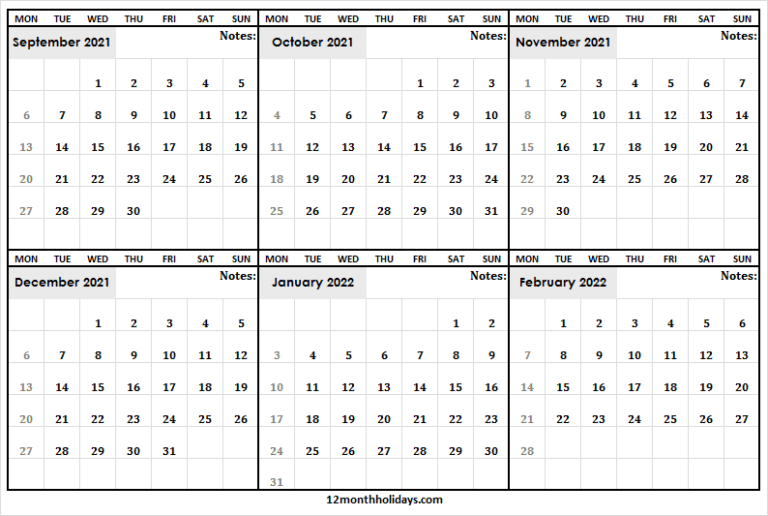 September 2021 To February 2022 Calendar Printable