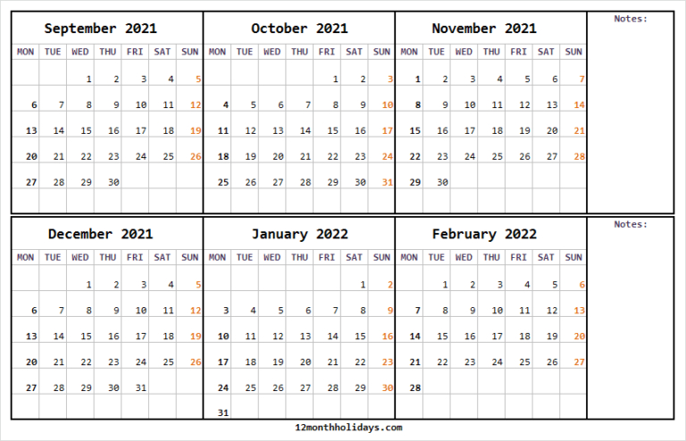 September 2021 To February 2022 Calendar With Notes | Tumblr