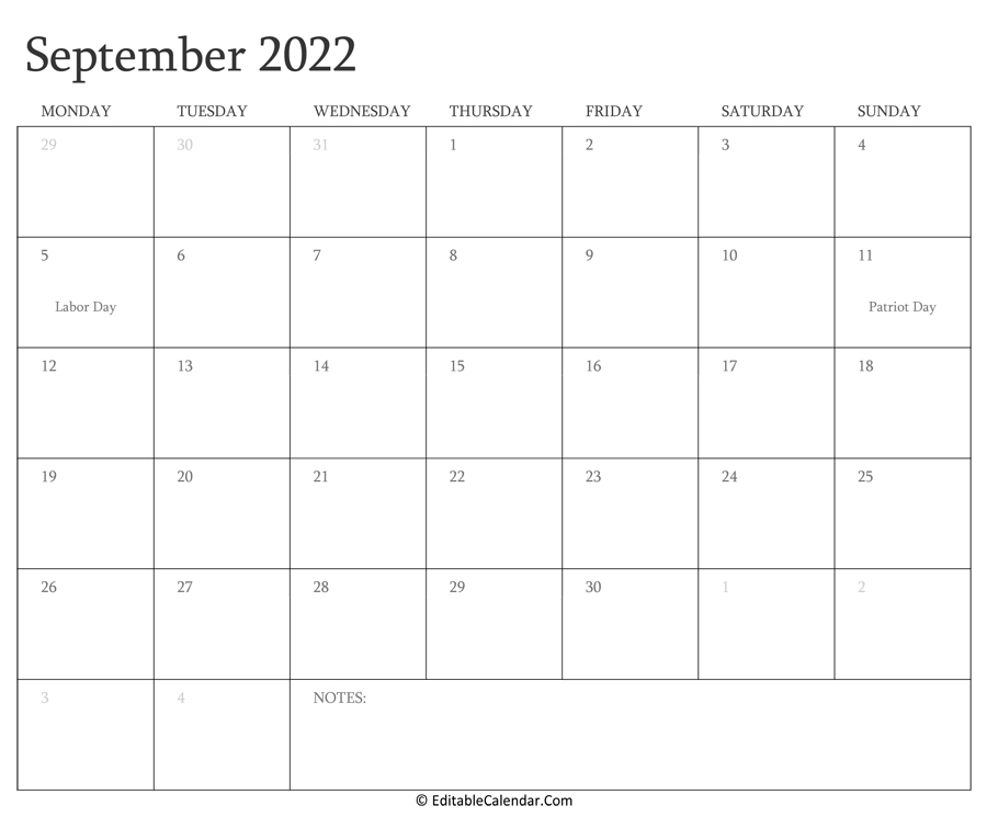 September 2022 Calendar Templates