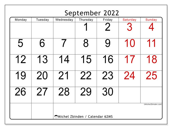 September 2022 Calendars &quot;Monday - Sunday&quot; - Michel Zbinden En