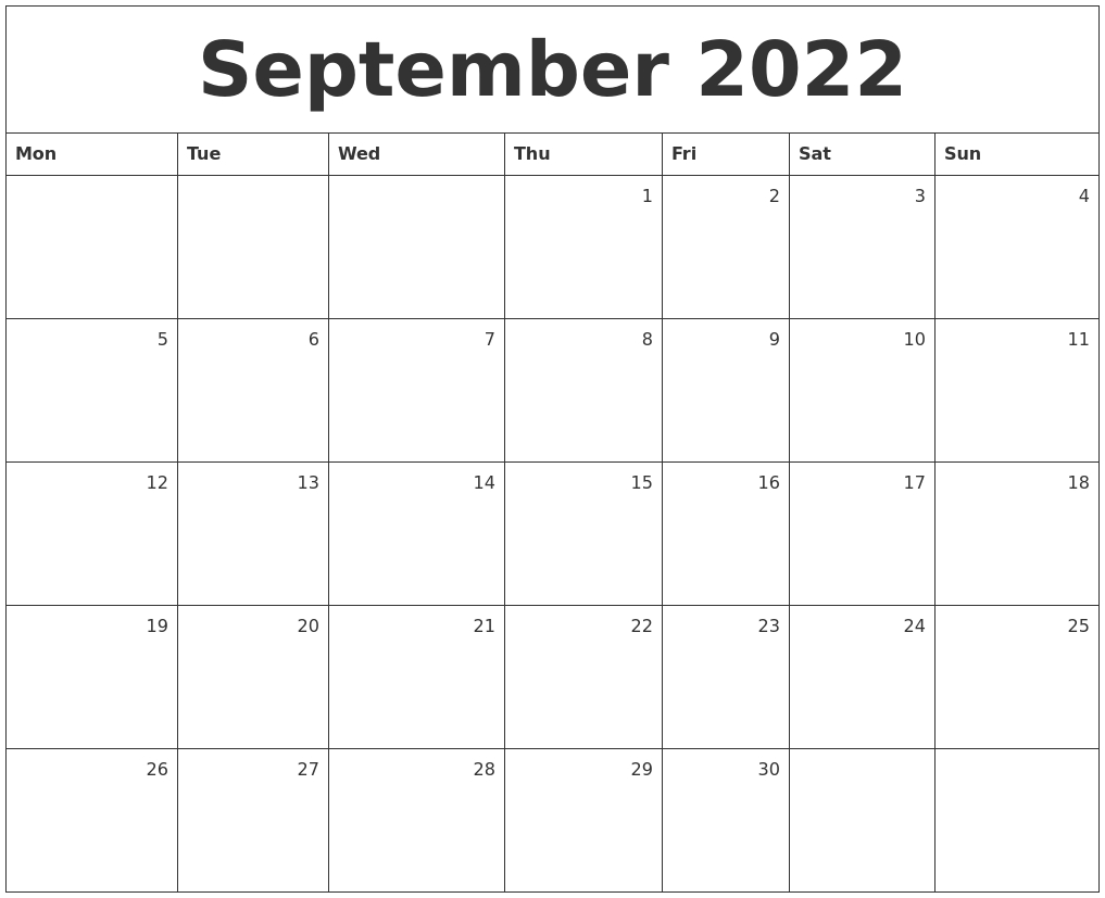 September 2022 Monthly Calendar