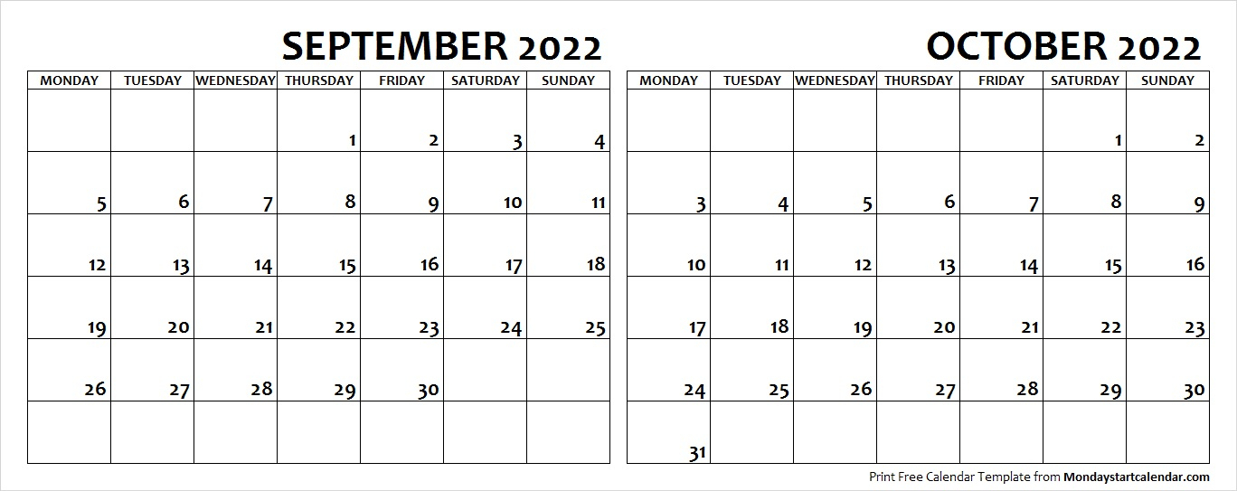 September October 2022 Calendar Monday Start | Two Months