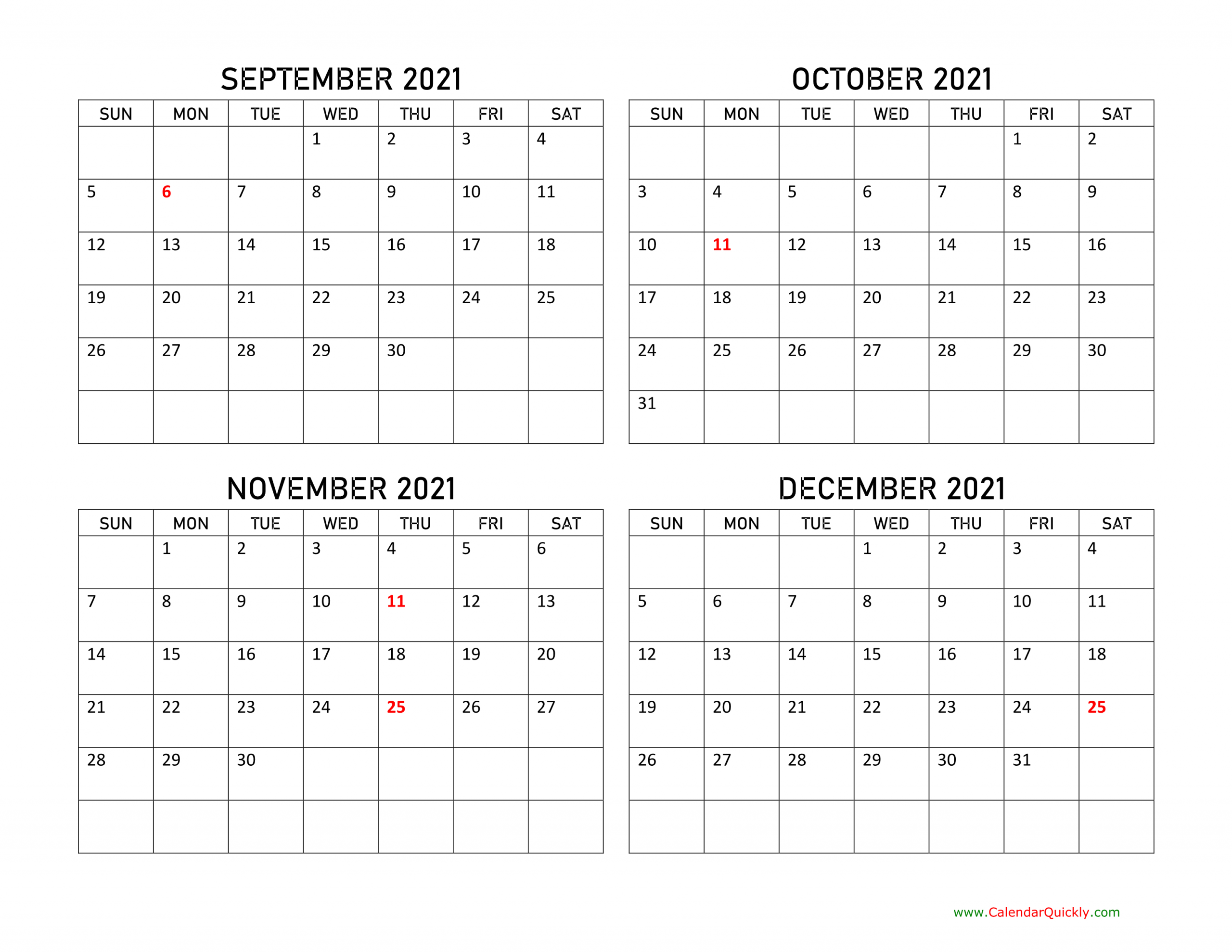 September To December 2021 Calendar | Calendar Quickly