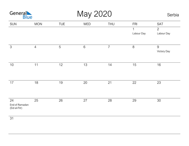 Serbia May 2020 Calendar With Holidays