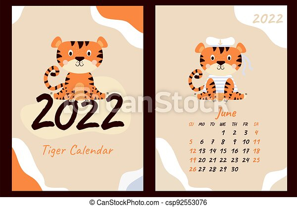 Set Of Calendar For June 2022 And Cover Cute Tiger Sailor