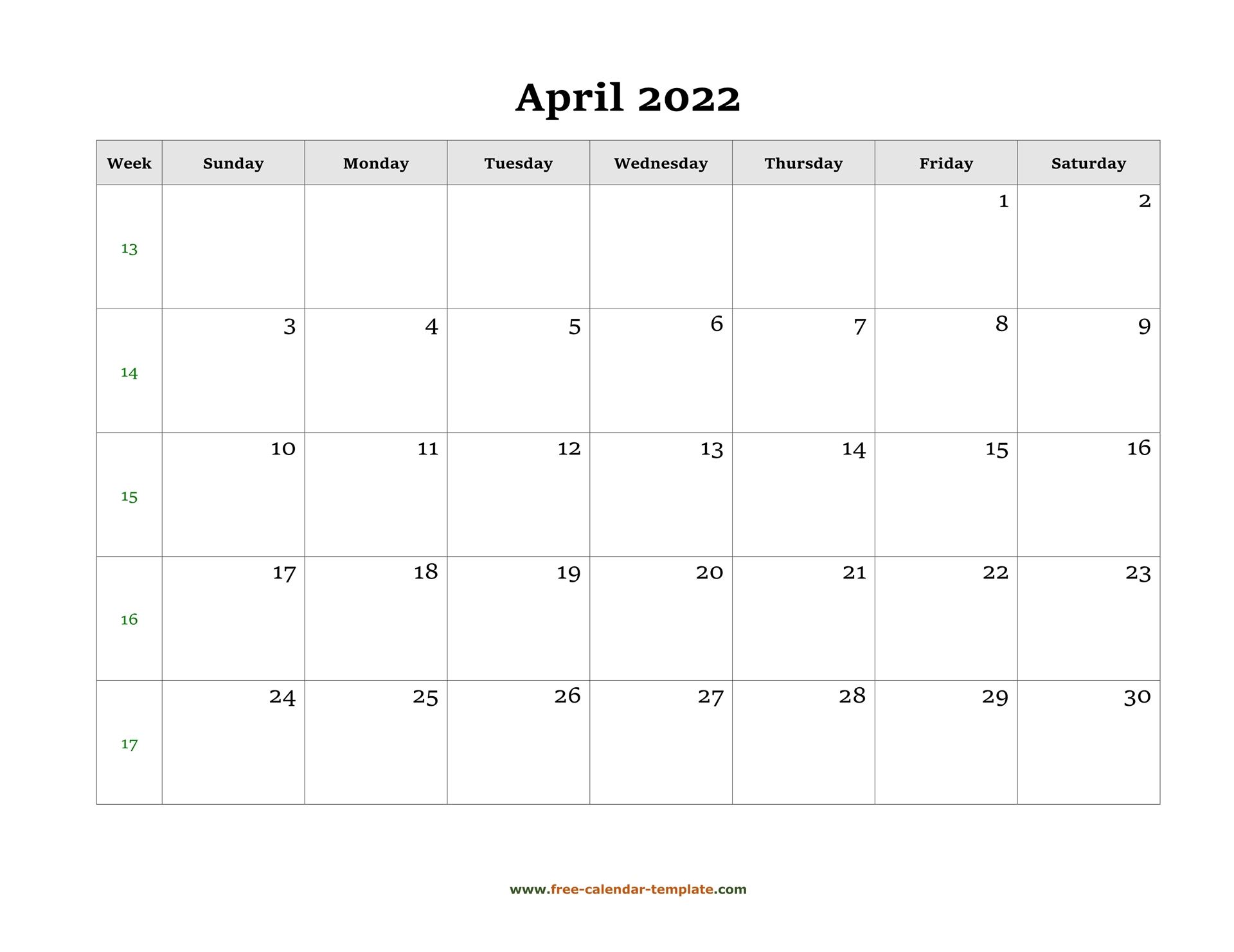 Simple April Calendar 2022 Large Box On Each Day For Notes