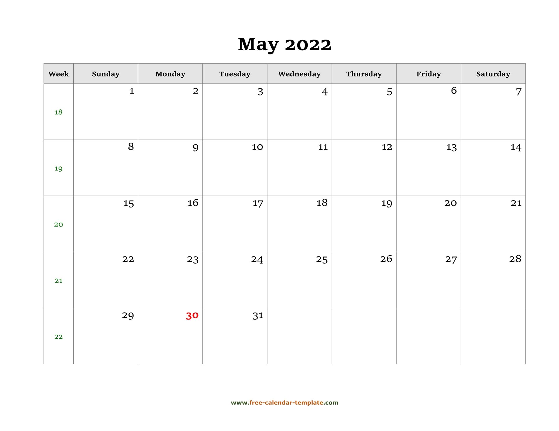 Simple May Calendar 2022 Large Box On Each Day For Notes