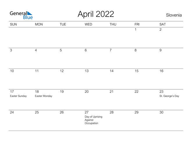 Slovenia April 2022 Calendar With Holidays