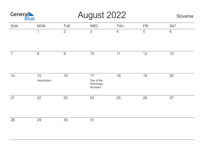Slovenia August 2022 Calendar With Holidays