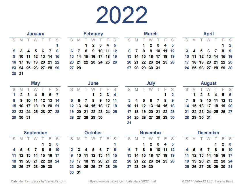 Small Printable 2022 Calendars