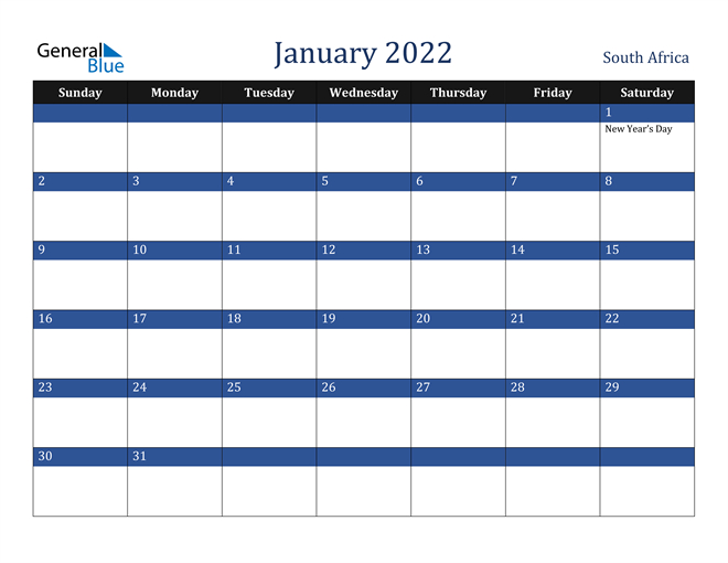 South Africa January 2022 Calendar With Holidays