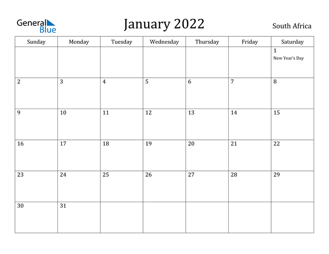 South Africa January 2022 Calendar With Holidays