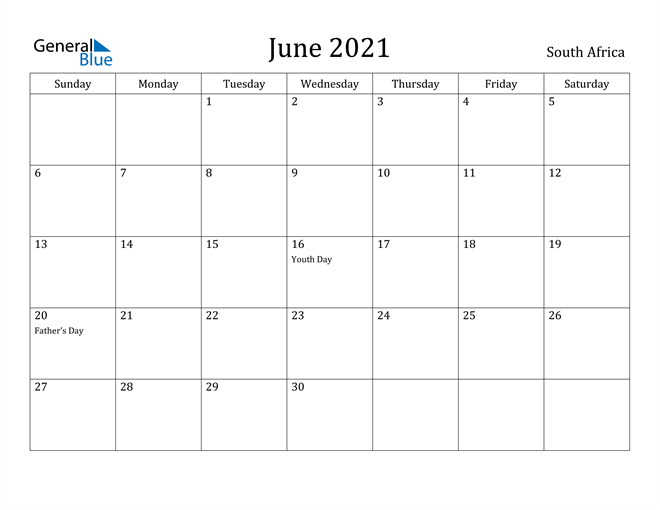 South Africa June 2021 Calendar With Holidays