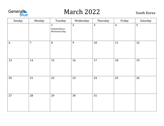 South Korea March 2022 Calendar With Holidays