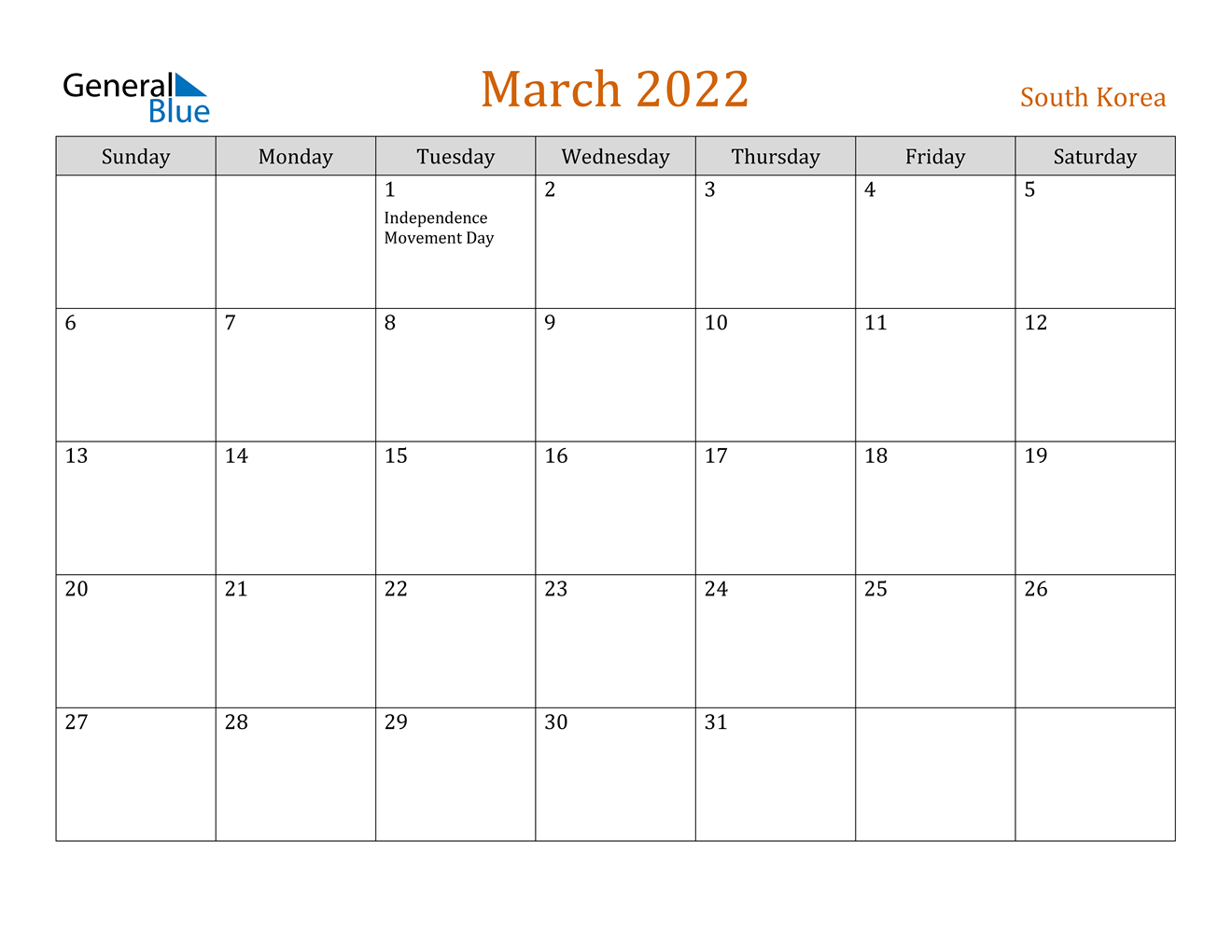 South Korea March 2022 Calendar With Holidays