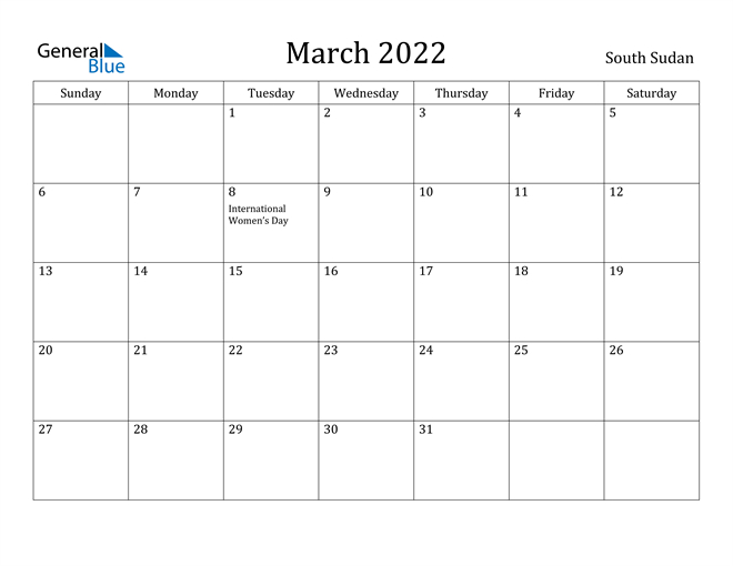 South Sudan March 2022 Calendar With Holidays