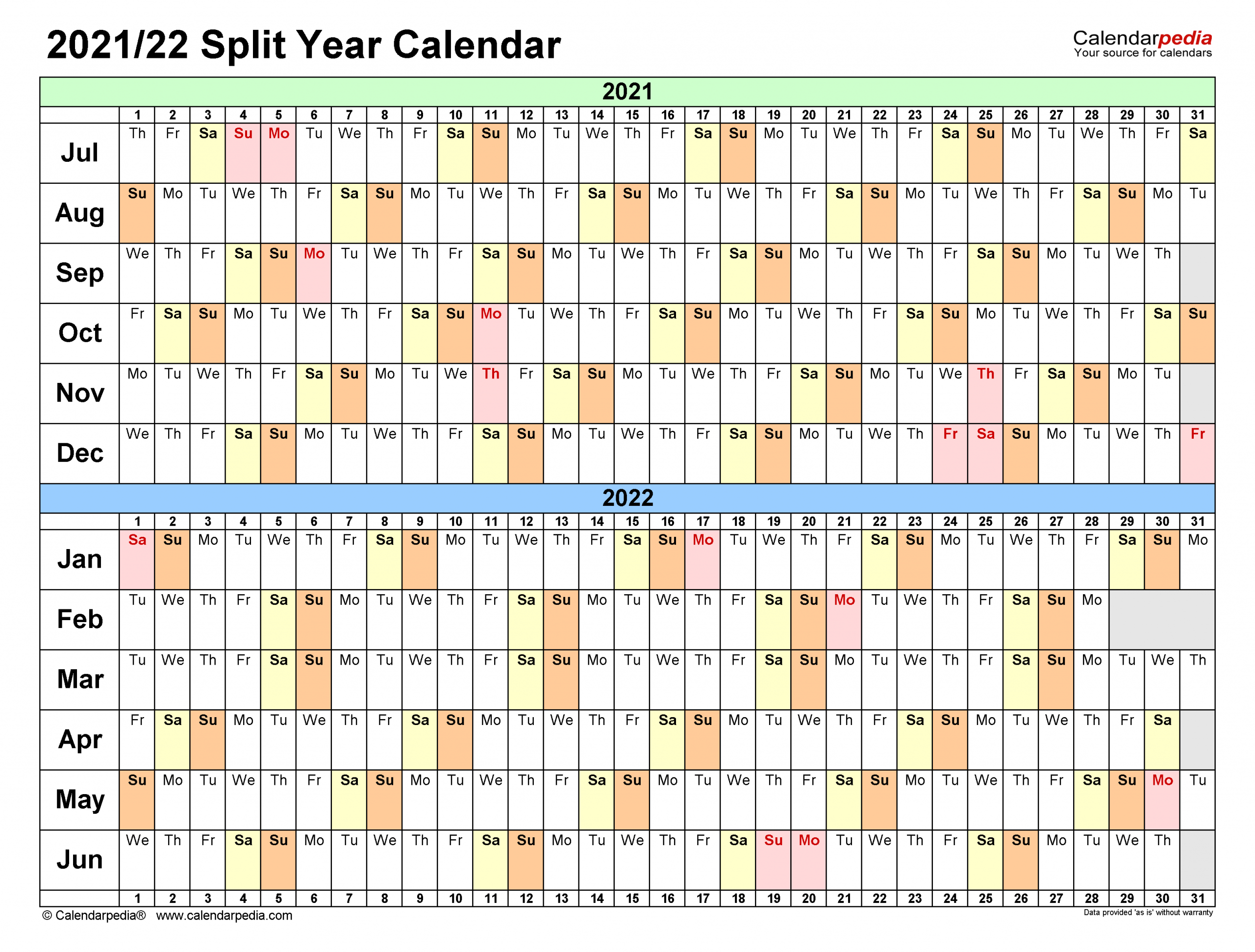 Split Year Calendars 2021/2022 (July To June) - Excel