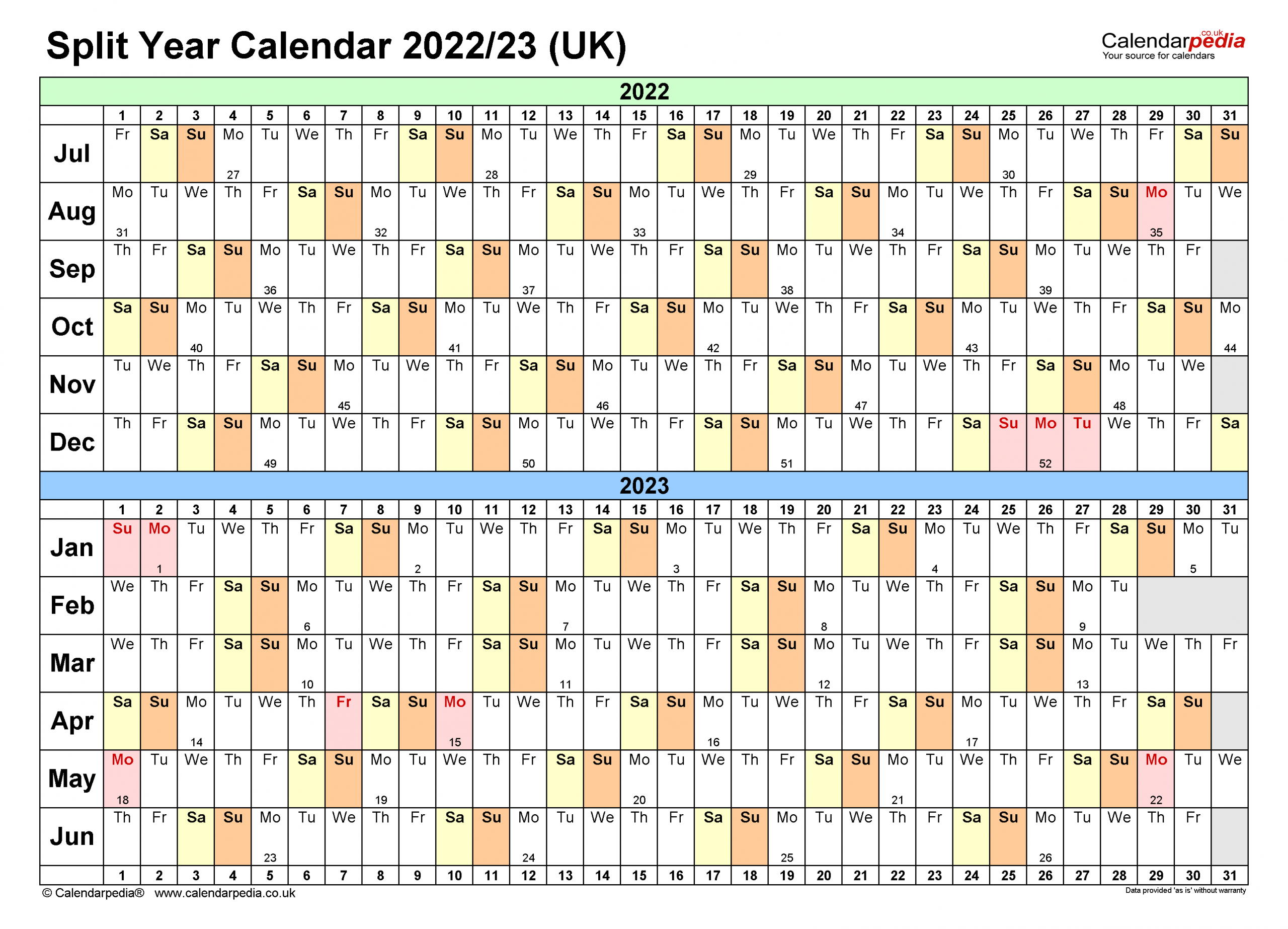 Split Year Calendars 2022/23 Uk (July To June) For Excel