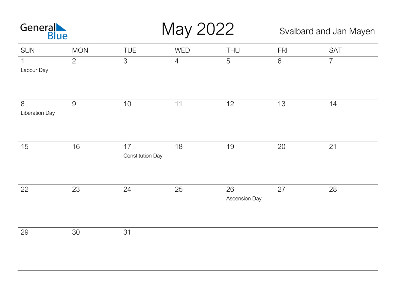 Svalbard And Jan Mayen May 2022 Calendar With Holidays