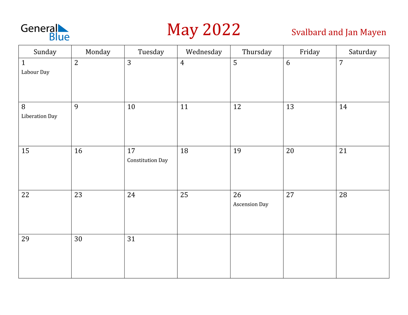 Svalbard And Jan Mayen May 2022 Calendar With Holidays