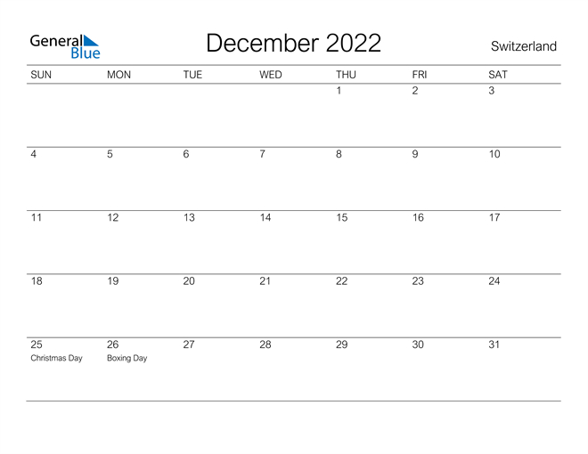 Switzerland December 2022 Calendar With Holidays