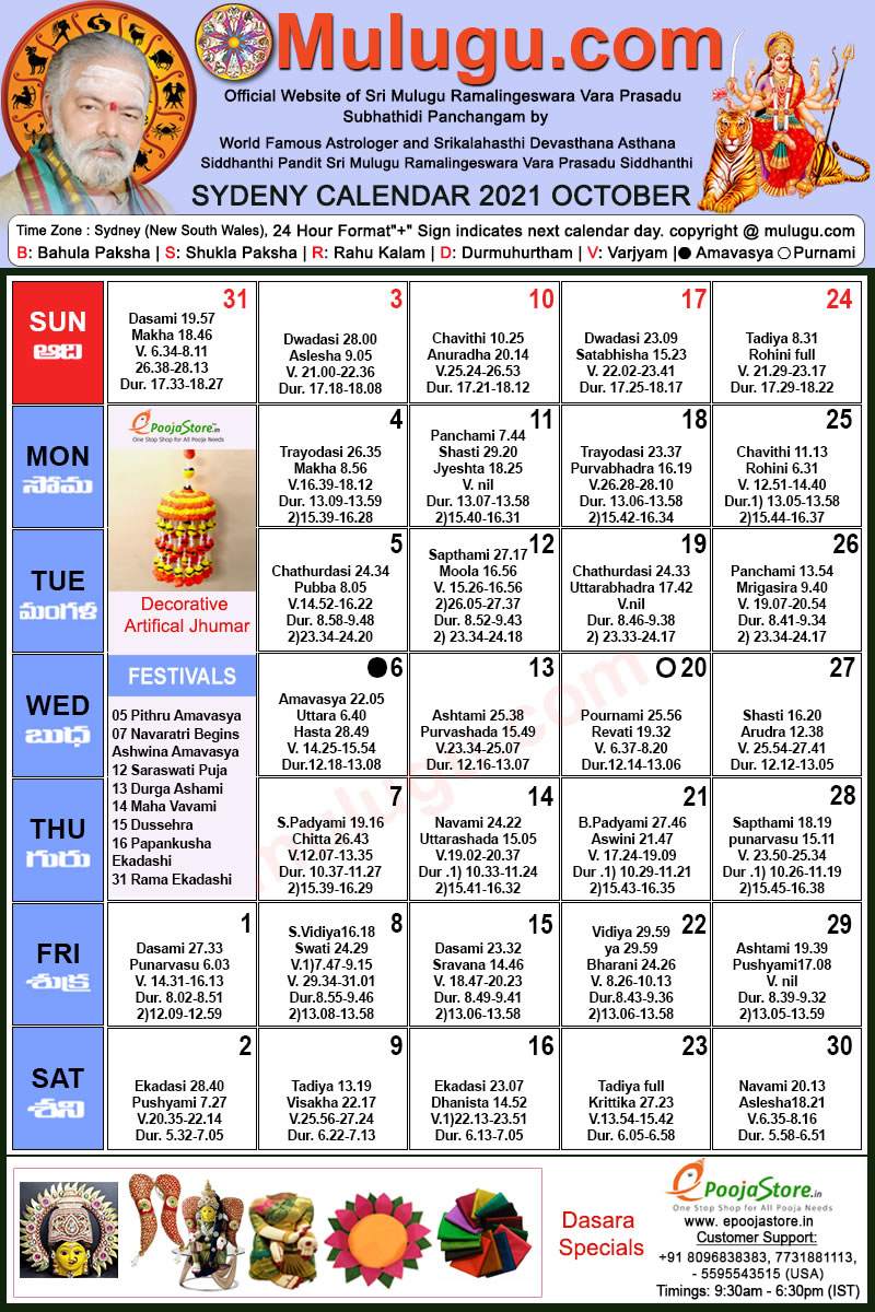 Sydney Telugu Calendar 2021 October | Mulugu Calendars