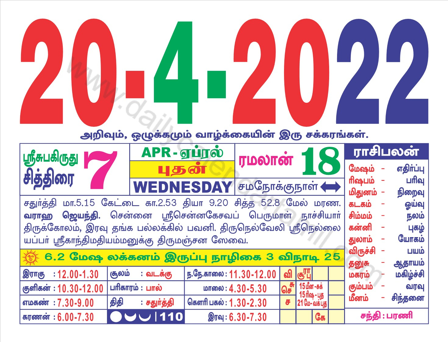 Tamil Monthly Calendar April 2022