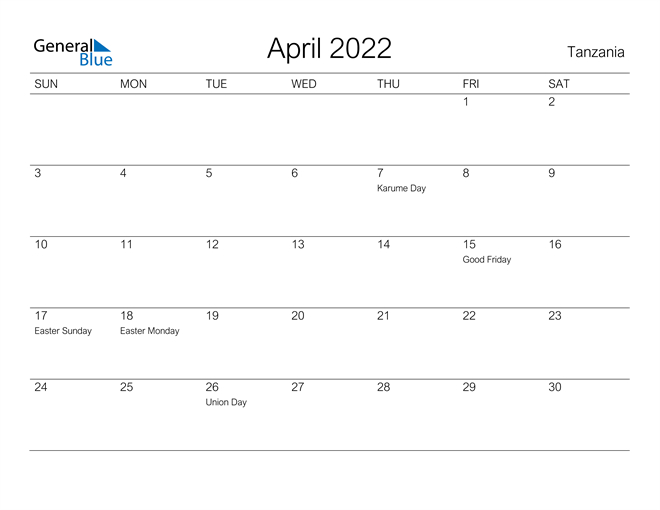 Tanzania April 2022 Calendar With Holidays