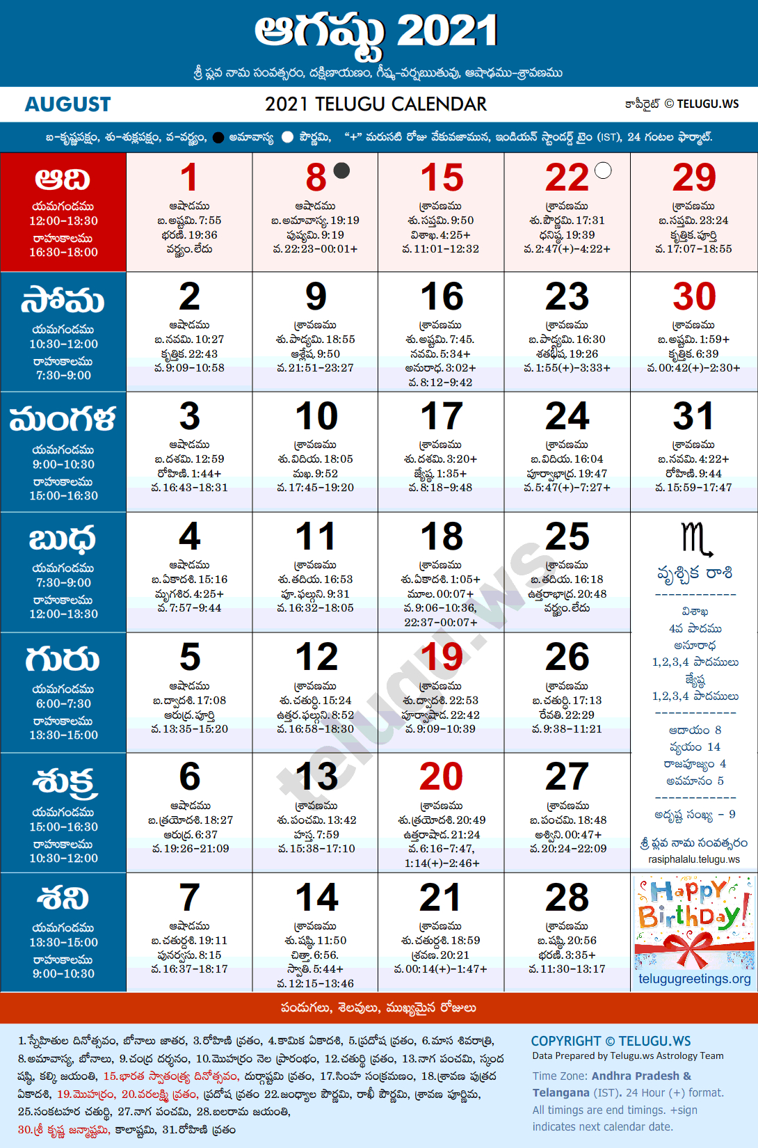 Telugu Calendar 2021 August Pdf Print With Festivals
